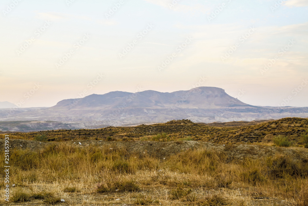 mountains at horizon in the fog with a steppe grassland landscape in the foreground