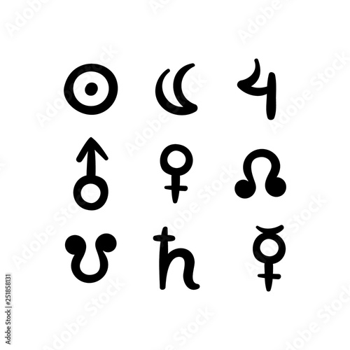 Vedic Astrology Jyotish Signs graha. Surya chandra guru mangal shukra rahu ketu shani buddhi illustration