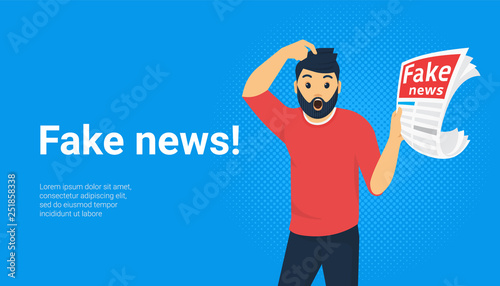 Fake news and and information fabrication concept flat vector illustration of young people reading fake news
