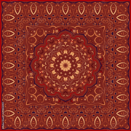Vintage Arabic pattern. Persian colored carpet. Rich ornament for fabric design, handmade, interior decoration, textiles. Red background.