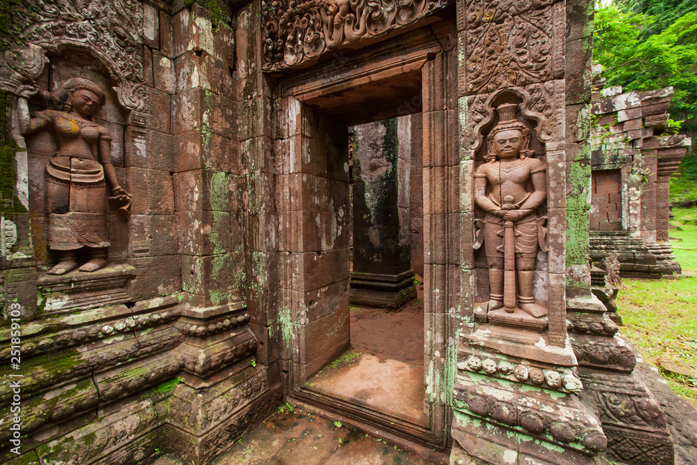 Ancient sculpture sandstone carving at Vat Phou, Laos.