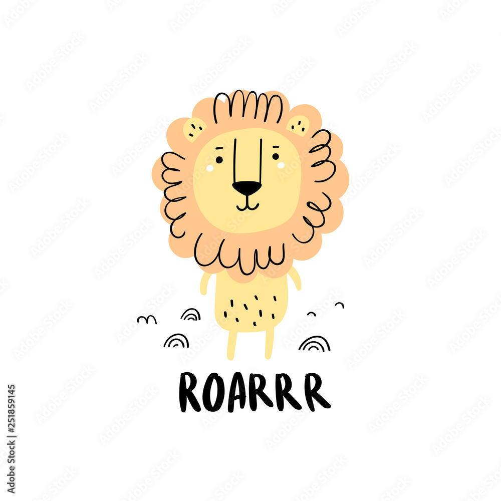 Cute lion illustration with hand-drawn lettering roar. Baby design for ...