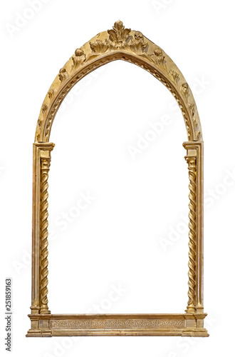 Golden gothic frame for paintings, mirrors or photos isolated on white background