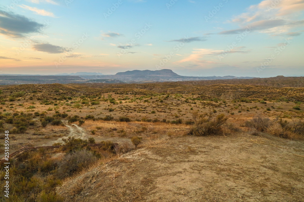 Fototapeta premium drawn out stepee grassland landscape with mountains and beautiful blue sky at the evening