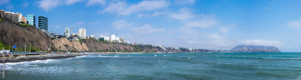 Panoramic view of the bay of Lima (Peru), from Miraflores to Barranco, Chorillos and Morro Solar