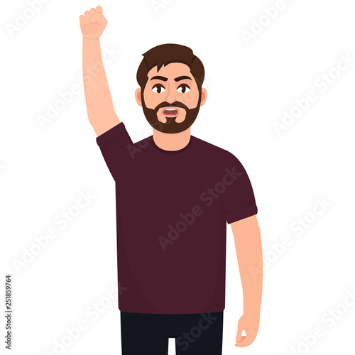 A protester, a man with a hand extended upwards, a bearded guy expressing a lack of satisfaction, demanding justice, a character in a flat style