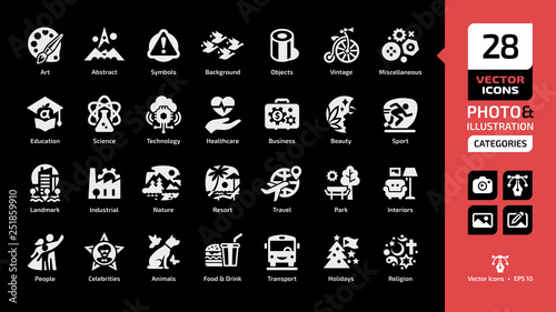 Vector categories and themes icon for photos and illustrations on a black background with recreation, landmark, buildings, industrial, nature, resort, travel, park, outdoor, interiors sections symbols