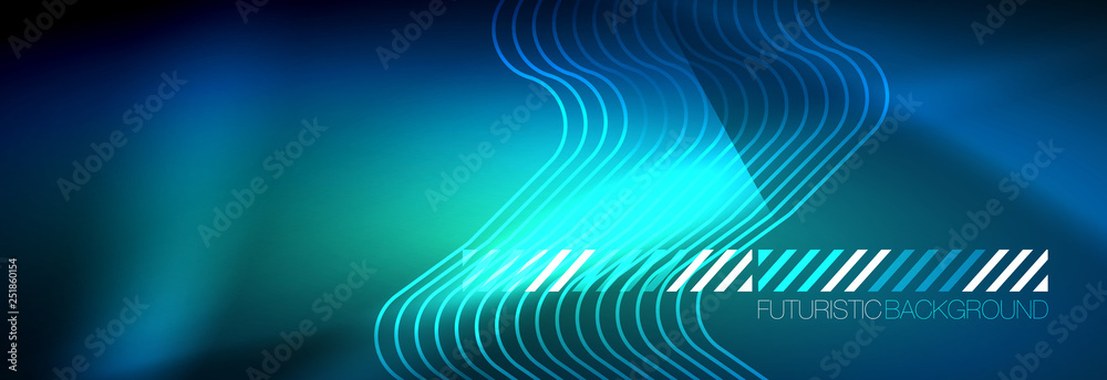 Neon glowing techno lines, hi-tech futuristic abstract background template with square shapes Neon glowing techno lines, hi-tech futuristic abstract background template with square shapes