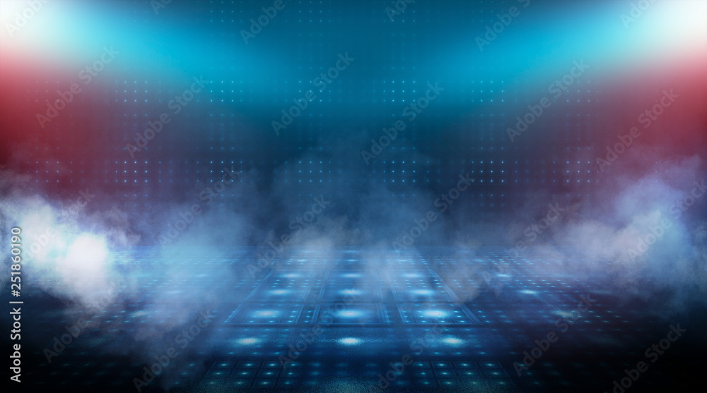 Fototapeta premium Dark empty scene, blue neon searchlight light, wet asphalt, smoke, night view, rays.