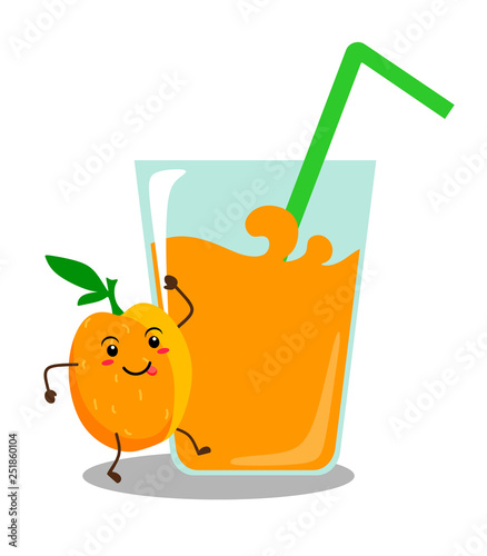 Funny peach kawai with a glass of peach juice. Vector illustration on white background.