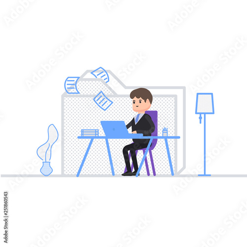 The accountant sorts the documents into a folder, a business man sits in the office and works behind a laptop, a businessman's work day, storage of documentation, a character in a cartoon style.