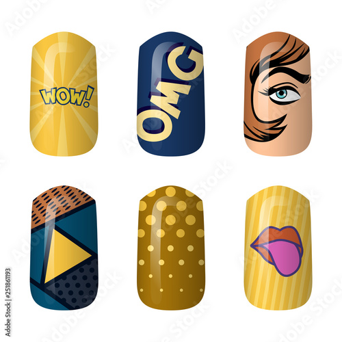 set of colored painted pop art nail stickers. Neon manicure art. nail polish. isolated on a dark background