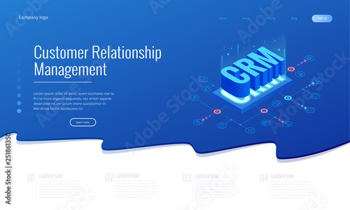 Isometric CRM web banner. Customer relationship management concept. Business Internet Technology vector illustration