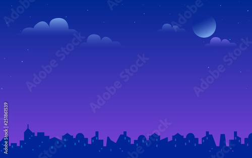 Night city landscape vector gradient illustration of bright moon and stars in the purple sky