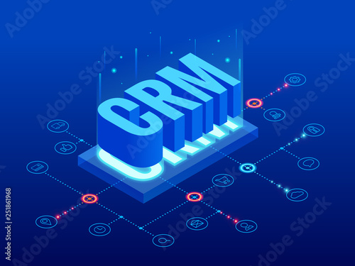 Isometric CRM web banner. Customer relationship management concept. Business Internet Technology vector illustration