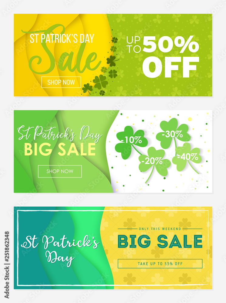 Collection of three sale banner templates to St Patricks Day. Special offers with papercut backgrounds