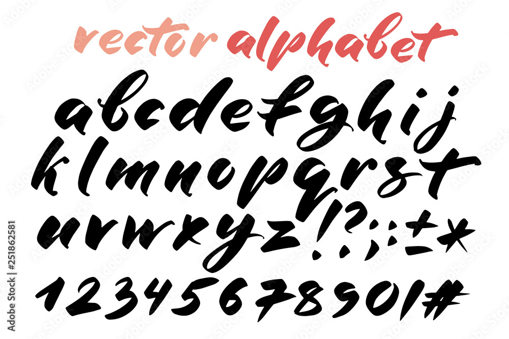 Hand drawn alphabet, marks and numbers. Handwritten lettering in brush style. Modern script in vector. Handmade artistic letters and figures for design. Hand drawn alphabet, marks and numbers. Handwritten lettering in brush style. Modern script in vector. Handmade artistic letters and figures for design.