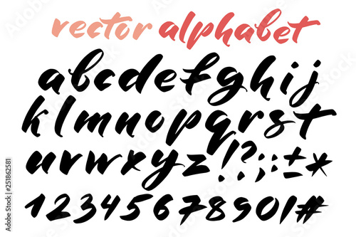 Hand drawn alphabet  marks and numbers. Handwritten lettering in brush style. Modern script in vector. Handmade artistic letters and figures for design.