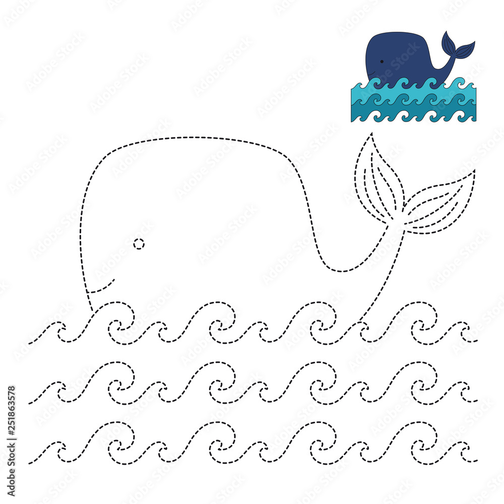 drawing worksheet for preschool kids with easy gaming level of difficulty.  Simple educational game for kids. Illustration of whale for toddlers Stock  Illustration | Adobe Stock