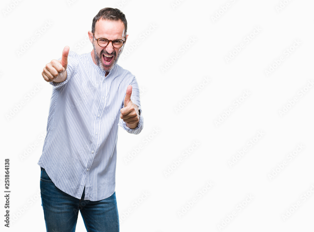Middle age hoary senior man wearing glasses over isolated background approving doing positive gesture with hand, thumbs up smiling and happy for success. Looking at the camera, winner gesture. Middle age hoary senior man wearing glasses over isolated background approving doing positive gesture with hand, thumbs up smiling and happy for success. Looking at the camera, winner gesture.