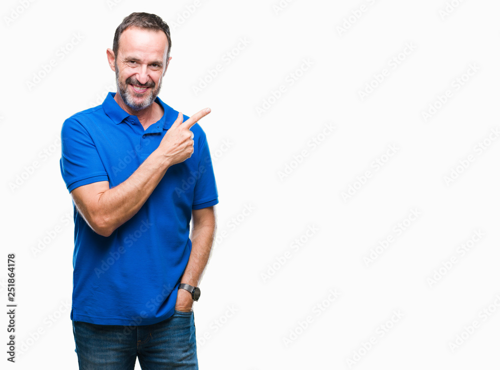 Middle age hoary senior man over isolated background cheerful with a smile of face pointing with hand and finger up to the side with happy and natural expression on face looking at the camera. Middle age hoary senior man over isolated background cheerful with a smile of face pointing with hand and finger up to the side with happy and natural expression on face looking at the camera.