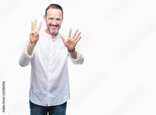 Middle age hoary senior man over isolated background showing and pointing up with fingers number eight while smiling confident and happy.