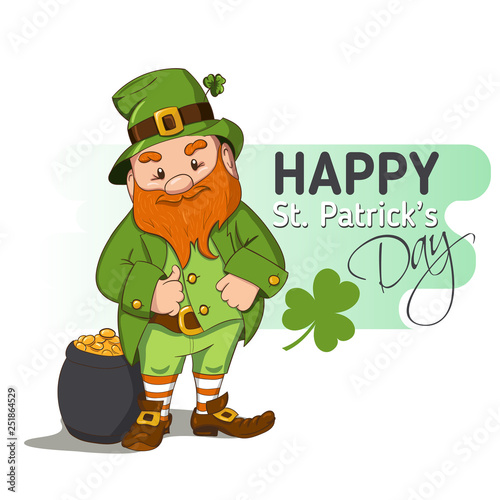 Happy Saint Patricks day illustration. Hand drawn Leprechaun cgaracter with green clover leaf. Vector illustration.