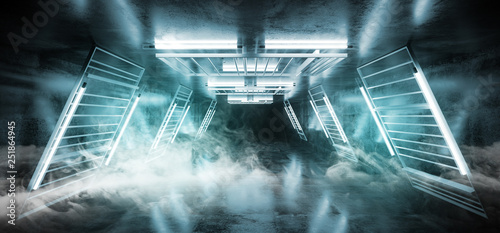 Smoke Fog Stage Dance Neon Laser Blue Fluorescent Sci Fi Futuristic Retro Light Tubes Scene Grunge Concrete Reflective Podium Corridor 3D Rendering