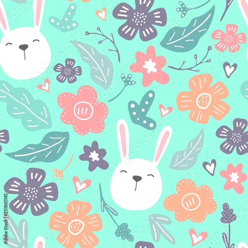 Spring flowers. Vector seamless pattern with flowers, leaves and rabbits. Fresh pattern for home decor. Seamless pattern can be used for pattern fills, web page background, surface textures.