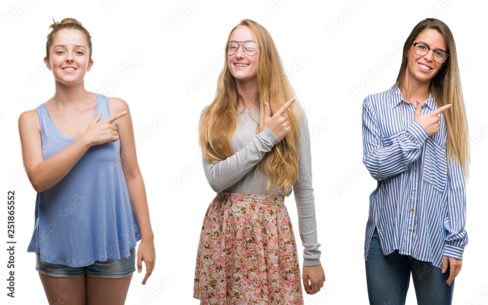 Collage of group of blonde women over isolated background cheerful with a smile of face pointing with hand and finger up to the side with happy and natural expression on face looking at the camera.