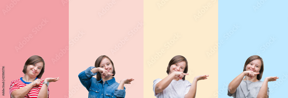 Obraz premium Collage of down syndrome woman over colorful stripes isolated background amazed and smiling to the camera while presenting with hand and pointing with finger.