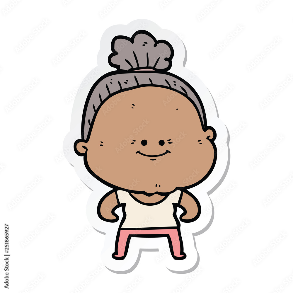 sticker of a cartoon happy old woman