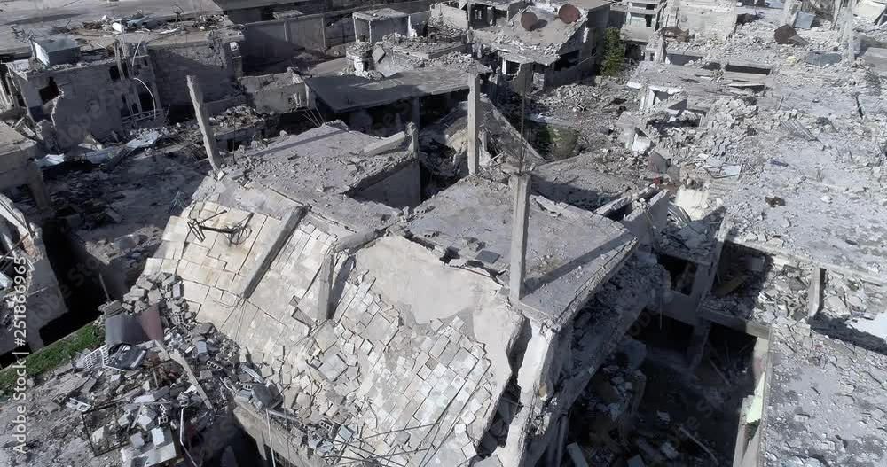 Damascus suburb destroyed in aerial view, Syria Damascus suburb destroyed in aerial view, Syria