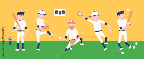Vector Illustration. Set of baseball  cartoon players: catcher, pitcher in modern flat style. Baseball equipment icon. Baseball characters team