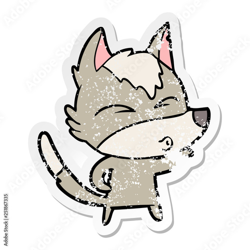 distressed sticker of a cartoon wolf pouting