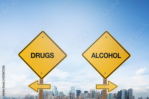 Traffic sign concept with texts drug and alcohol