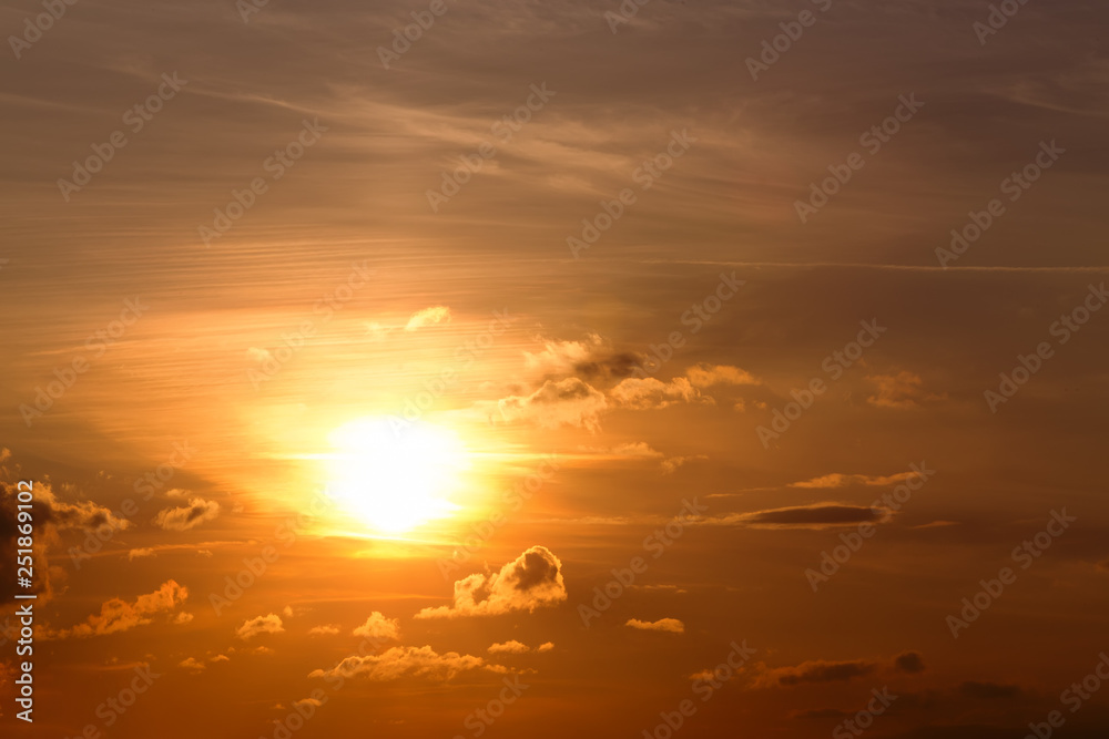 Yellow dramatic sunset sky, natural background or backdrop for sky replacement