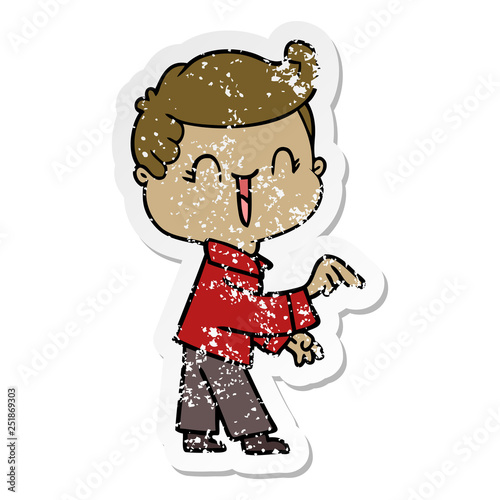 distressed sticker of a cartoon laughing boy pointing