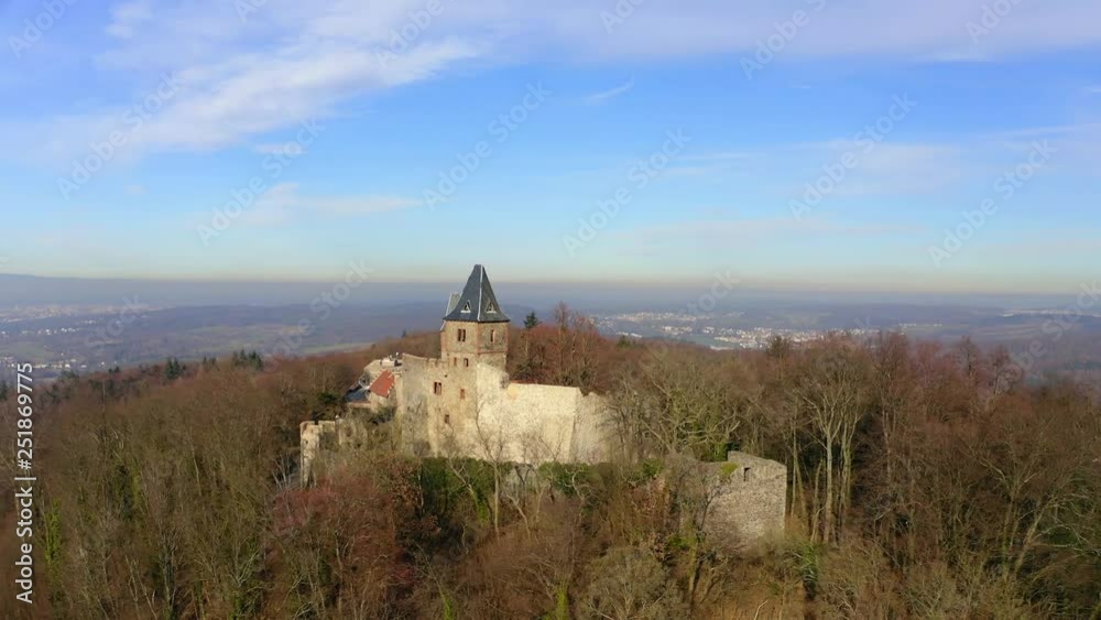 Aerial view,flight at Frankenstein Castle, Eberstadt, Odenwald, Hesse, Germany Aerial view,flight at Frankenstein Castle, Eberstadt, Odenwald, Hesse, Germany
