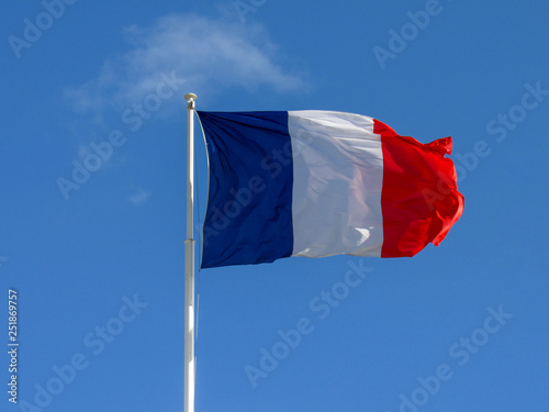 Deep and reach colors fabric tricolour flag of France waving in the wind