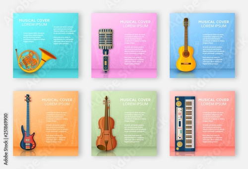 Musical background made of different musical instruments, treble clef and notes. Text place.
