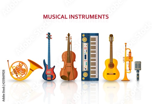 Musical background made of different musical instruments, treble clef and notes. Text place.