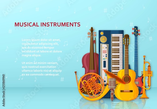 Musical background made of different musical instruments, treble clef and notes. Text place.