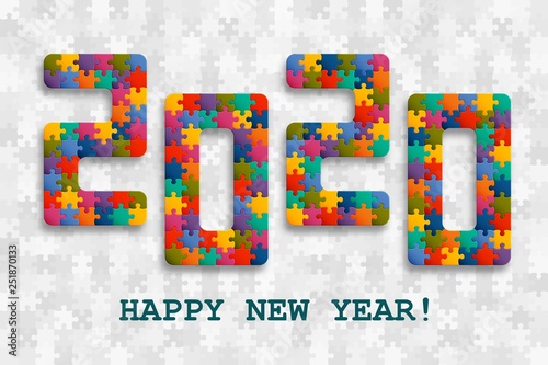 2020 jigsaw puzzle background with many colorful pieces. Happy New Year card design. Abstract mosaic template
