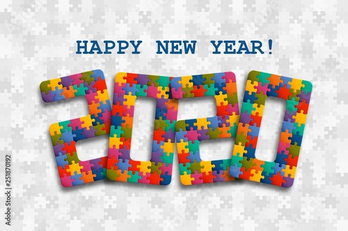 2020 jigsaw puzzle background with many colorful pieces. Happy New Year card design. Abstract mosaic template