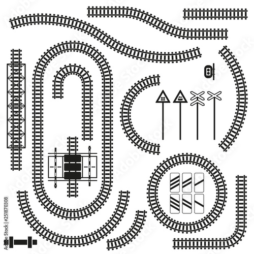 Set of railway parts and road signs