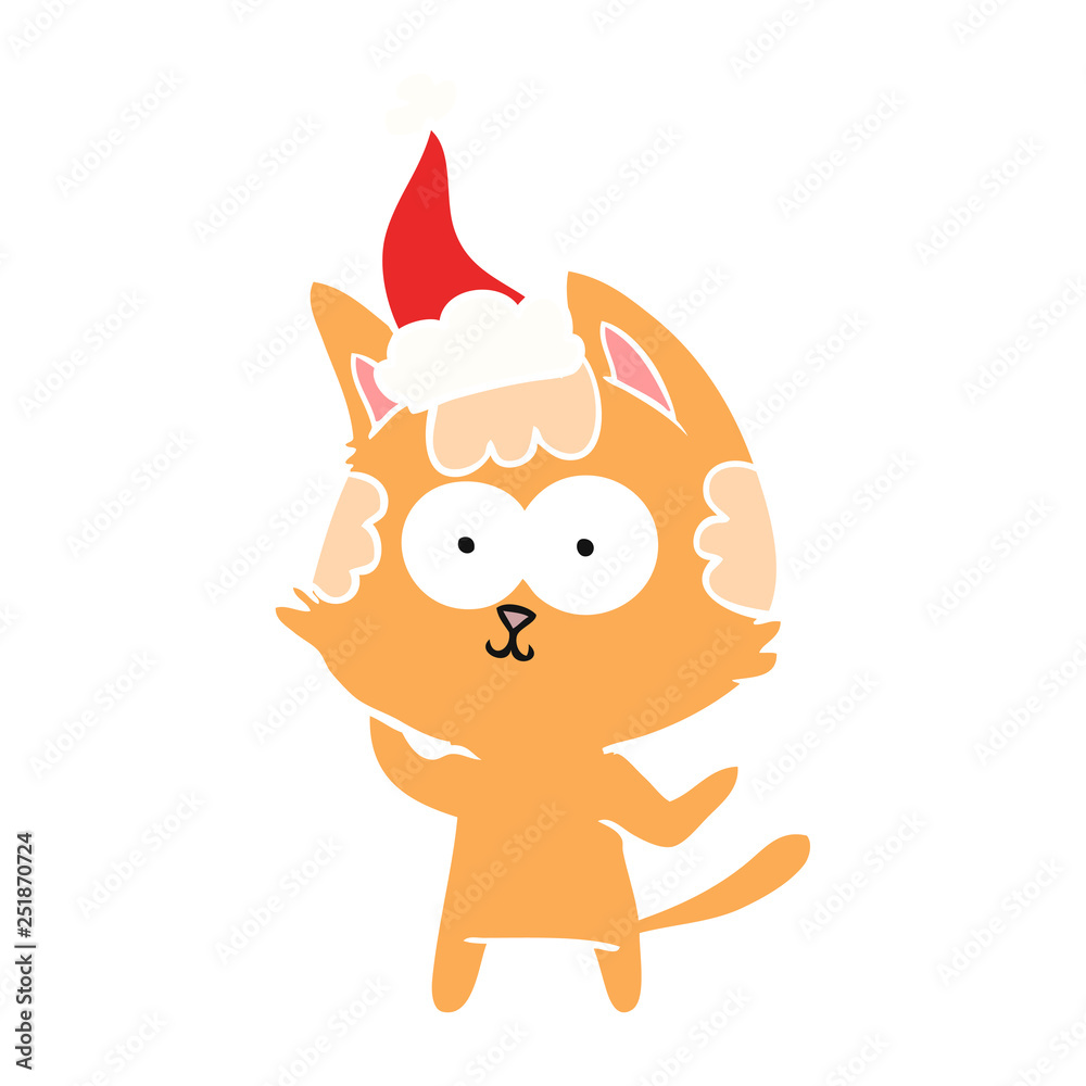 Fototapeta premium happy flat color illustration of a cat wearing santa hat