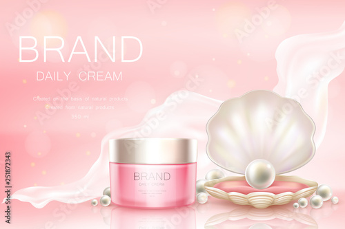 Vector 3d realistic advertising mock up - daily cream in pink jar, cosmetics background with light aerial fabric. Moisturizing essence with pearl in shell for poster, banner. Skincare, hygiene product