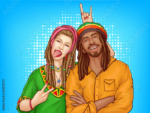 Vector pop art characters - a couple of smiling rasta guy with dreadlocks and woman in the green shirt. Man in orange jacket with sexy girl isolated on blue dotted background. Cute young people.