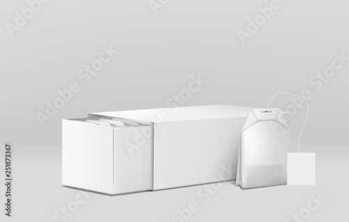 Herbal tea packaging 3d vector mockup template. Packed in rectangular teabag with label tag leaves near blank white, opened cardboard box or container full of sachets illustration. Food product ad